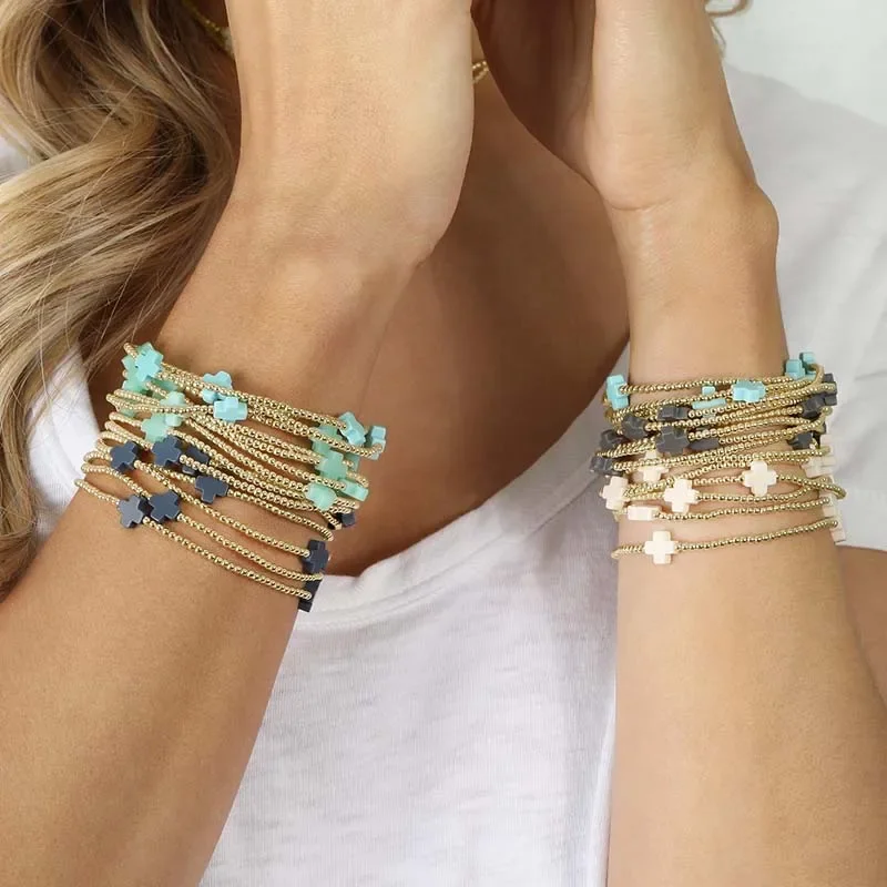 Vlen Cross Charm Bracelet 3mm Gold Plated 18 K Beads Bracelets for Women Stackable Boho Pulseras Jewelry