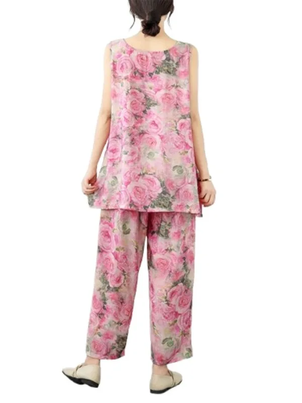 

Retro Floral Print Women's Summer Loose Slimming Svel Vest Cool Casual Pants Two-Piece Set Comfortable Breathable Faion