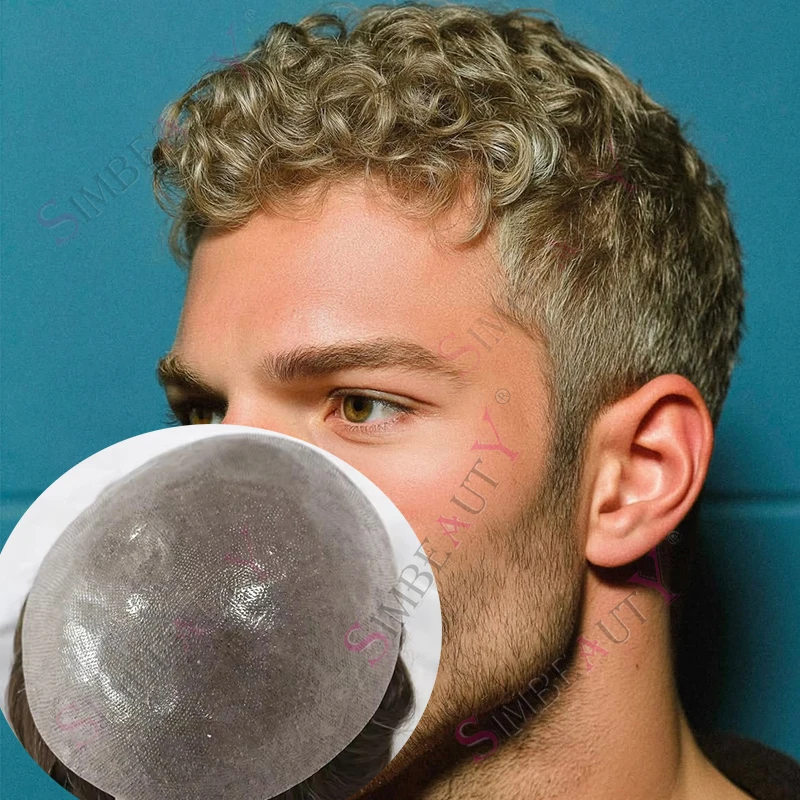 

Ash Blonde 20mm Curly Durable Thin Skin 0.06mm Poly Skin PU Man's Wigs 1B80 Black Grey Men Toupee Human Hair Replacement System
