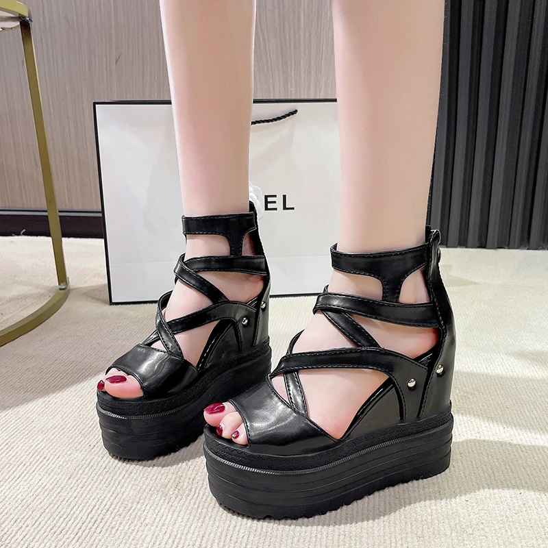 13cm Summer Women's Wedges Thick Bottom Shoes Platform Increase Height Peep-toe Sandals Stylish Back Zipper Ladies High Heels view 3