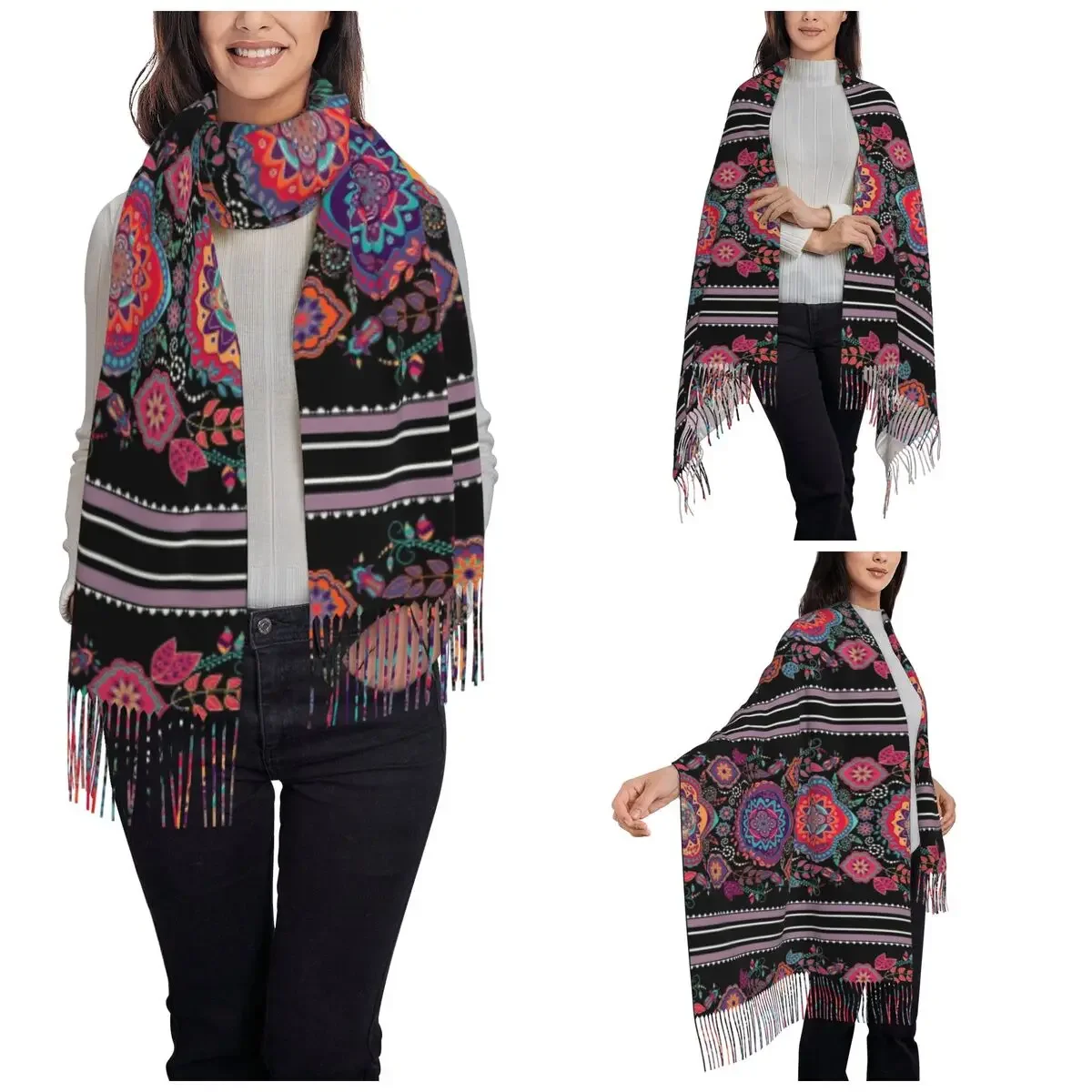 Women's Scarf with Tassel Art Mandala Hippie Bohemian Large Winter Warm Shawl and Wrap Psychedelic Daily Wear Pashmina Scarves