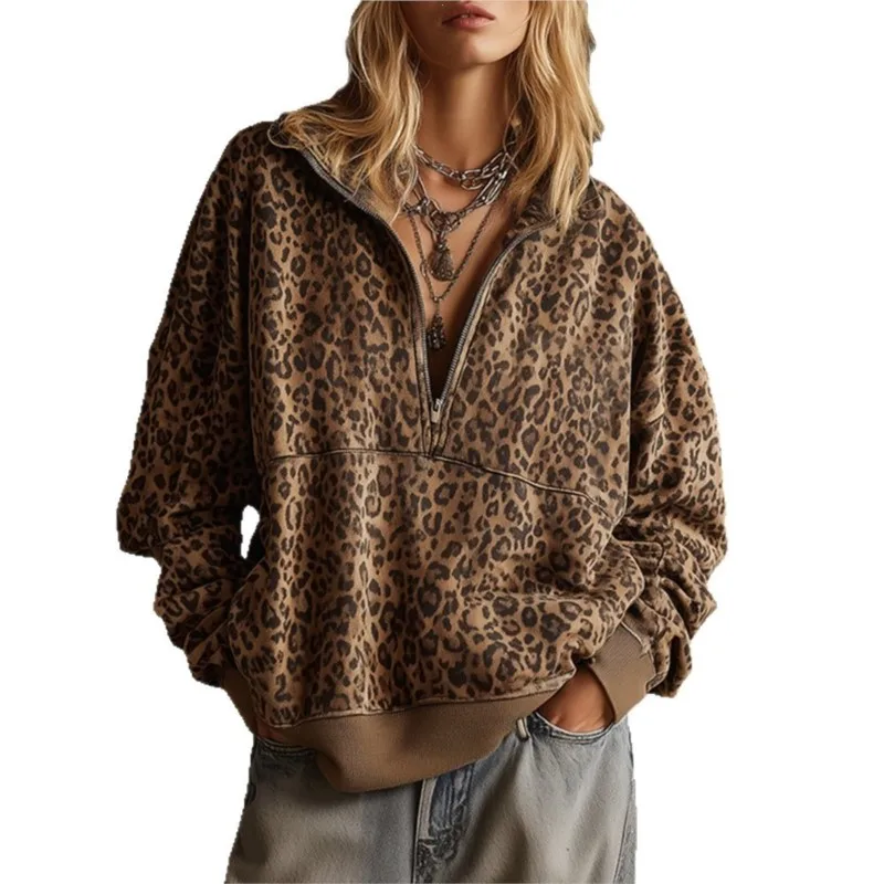 Vintage Fashion Leopard Print Half Zip Stand Collar Long Sleeve Sweatshirts Women Autumn Winter Loose Cropped Hoodies Tops