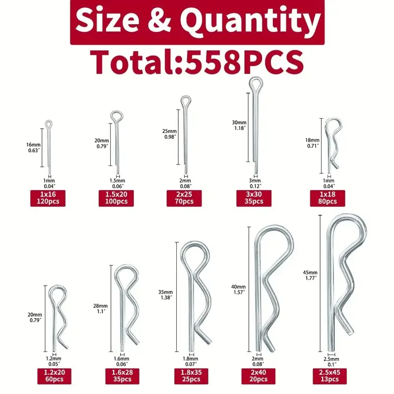 558Pcs Split Pin Galvanized Steel Split Pins Hairpin Hooks Pin Clamps Fastener Accessories Kit