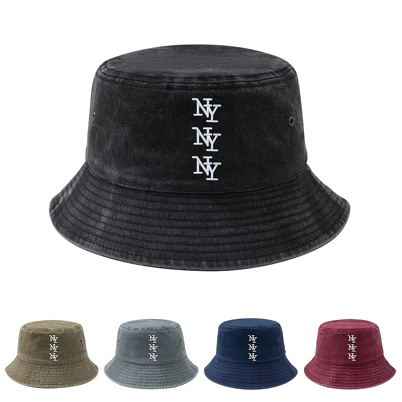 Letter NY Repeated Embroidery Fisherman Hat Classic Washed Distressed Retro Bucket Hat Outdoor Casual Sports Mountaineering Camp