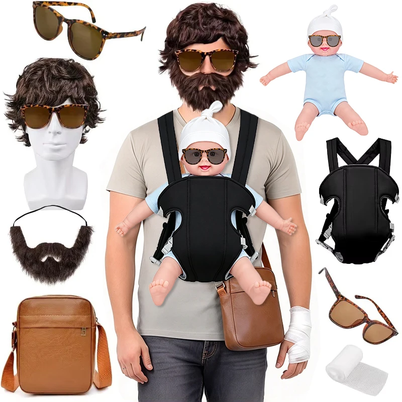 Hangover Costume Halloween Accessories Set, Doll Baby Carrier Brown Wig Fake Beard Film Character Role-Playing Cosplay Costume
