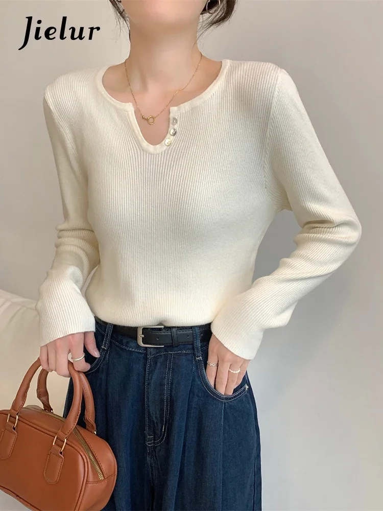 

Jielur Korean Simple Basic Women Pullovers Autumn New Solid Color Pullovers Woman Black Apricot Red Knitted Street Top Female