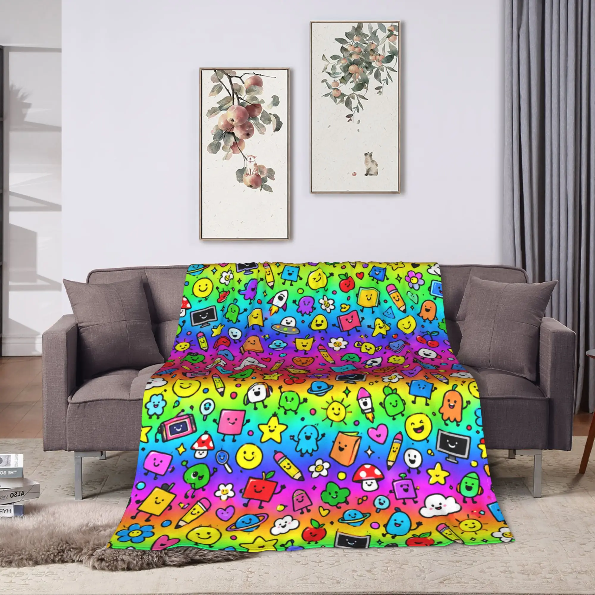 Rainbow Kawaii Doodle BFDI Blanket  Soft Warm Graphic Plush Throw Blanket For Kids Adult Living Room Flannel Bedspread Bed Cover