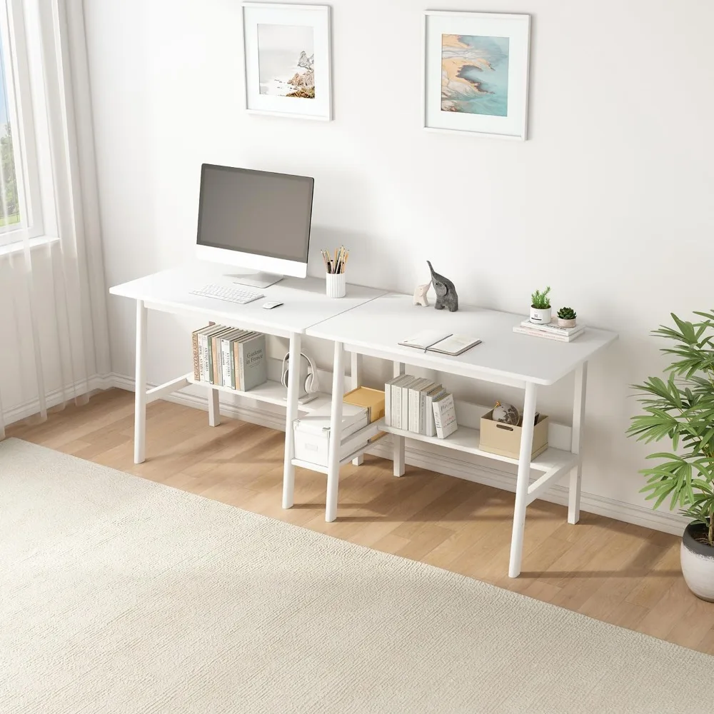 2-Person Writing Desk with Bookshelf, Wooden Extra Long Home Office Worktable, Study Computer Workstation White, Study Desk