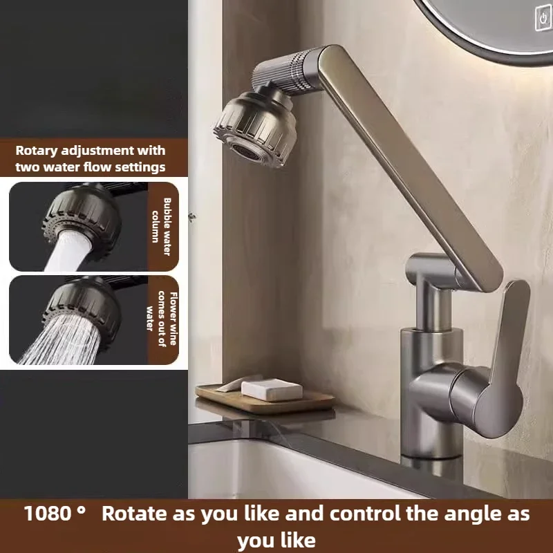 1080°Rotatable Bathroom Mechanical Bathroom Wash Basin Faucet Universal Arm Kitchen Hot and Cold Water Tap Only Splashproof