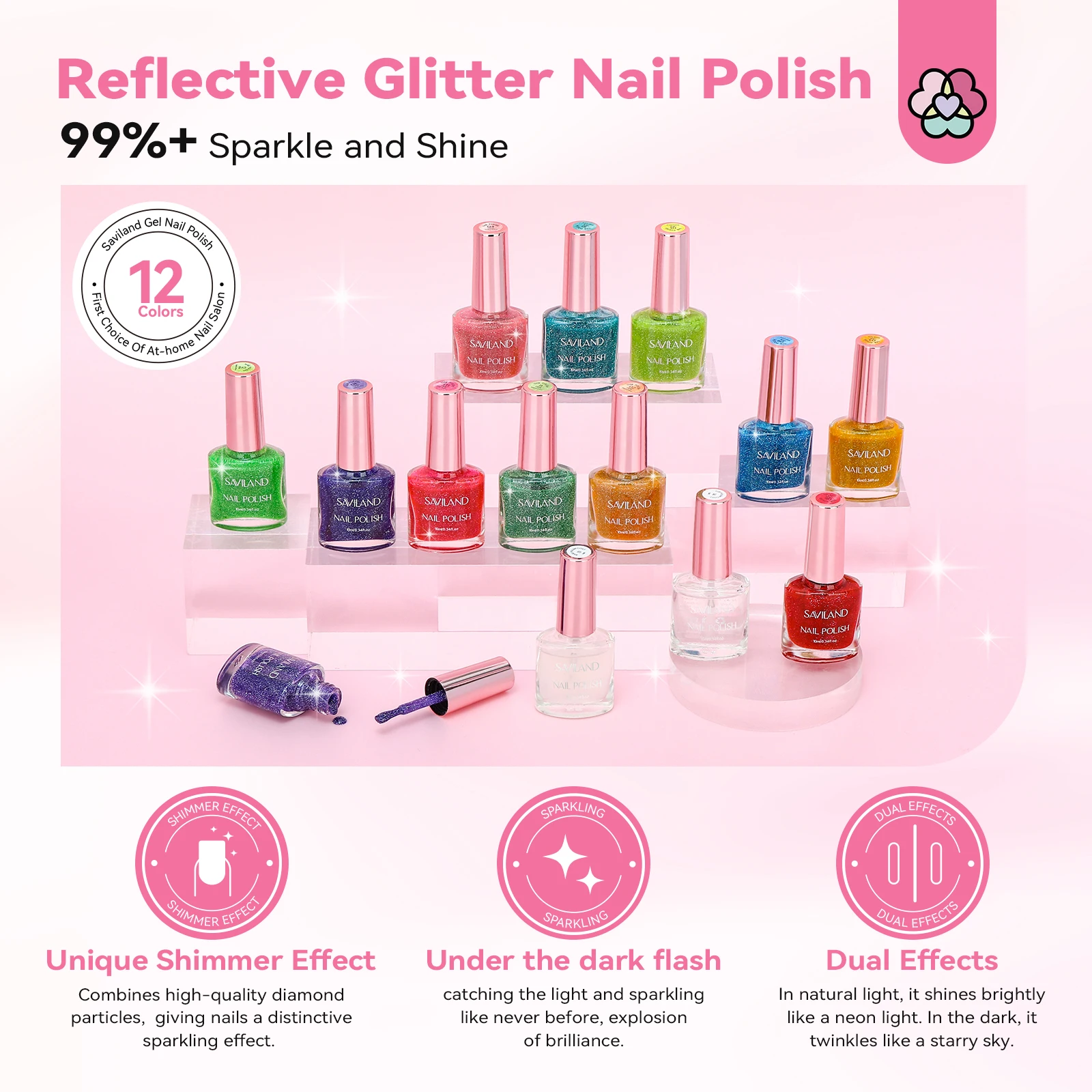 SAVILAND 12 لون بريق مجموعة طلاء الأظافر الهواء سريعة الجافة غير هلام مع قاعدة معطف فوقي المجسم لامع ورنيش للتقليم #2
