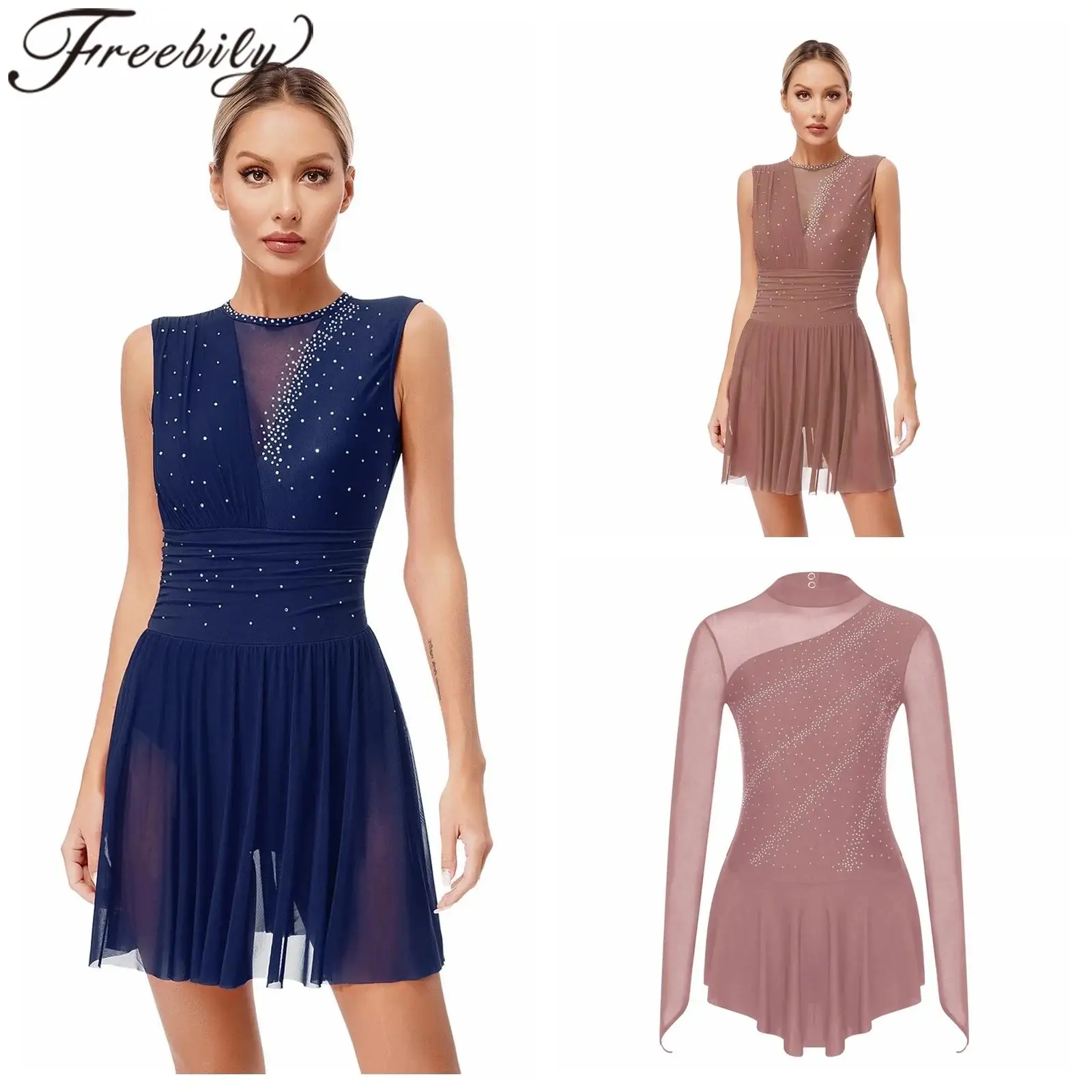

Women Mesh Ballet Dress Figure Skating Costume Adults Gymnatics Skating Leotard Shiny Rhinestone Modern Lyrical Dance Costume