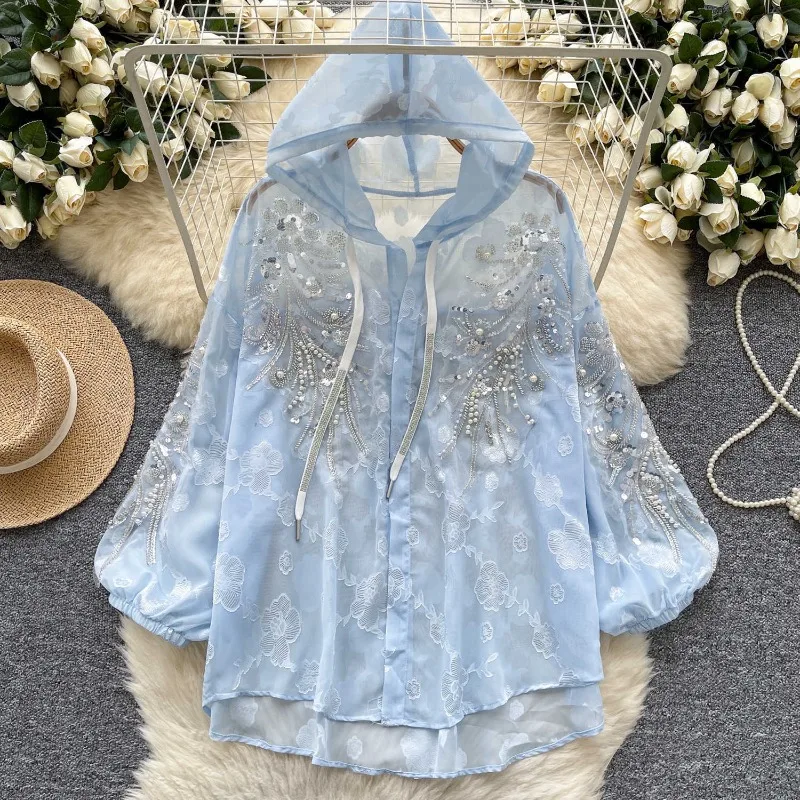 Women's Summer Top Coat Mesh Hood Sequin Beading Embroidery Thin Sun Protection Casual Design Fashion New Niche Versatile Skinny