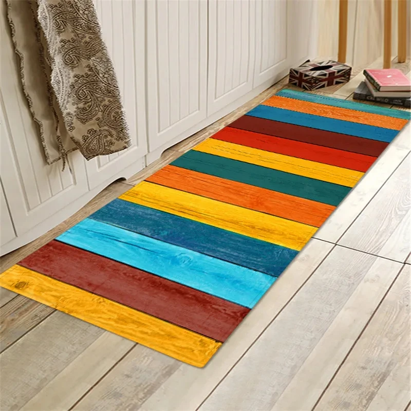 Rainbow Color Wooden Panel Series Kitchen Rug Long Entrance Door Mat Bedroom Bathroom Foot Mat Non Slip Household Carpet