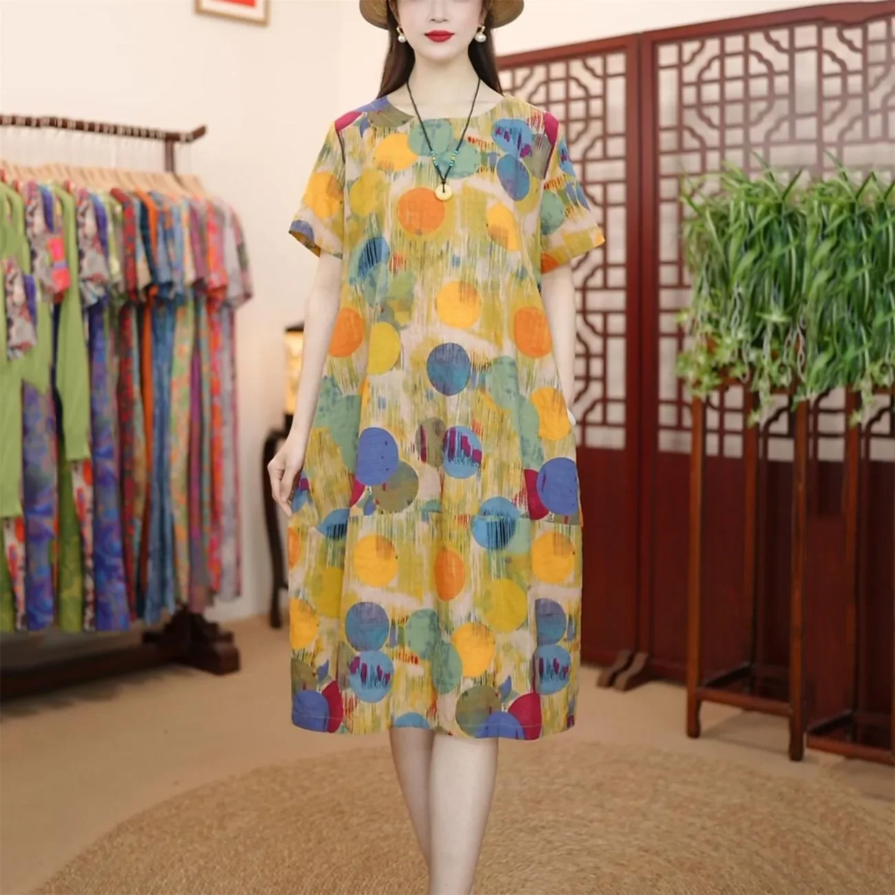 

Women Summer Loose A-Line Dress with Polka Dot Print Short Sleeve O-Neck Bohemian Style Knee Length Cotton Blend Casual Dress