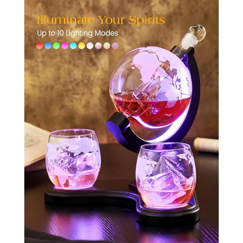 Gifts for Men Dad,  30.4 Oz Whiskey Globe Decanter Set with 7 Color RGB Light, Unique Anniversary Birthday Gifts Ideas for Men