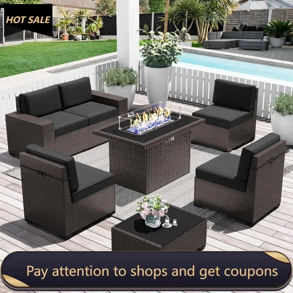 

7 Pieces Outdoor Patio Furniture Set With 44" Fire Pit Table Brown Rattan Sectional Sofa Conversation Sets Freight Free Camping