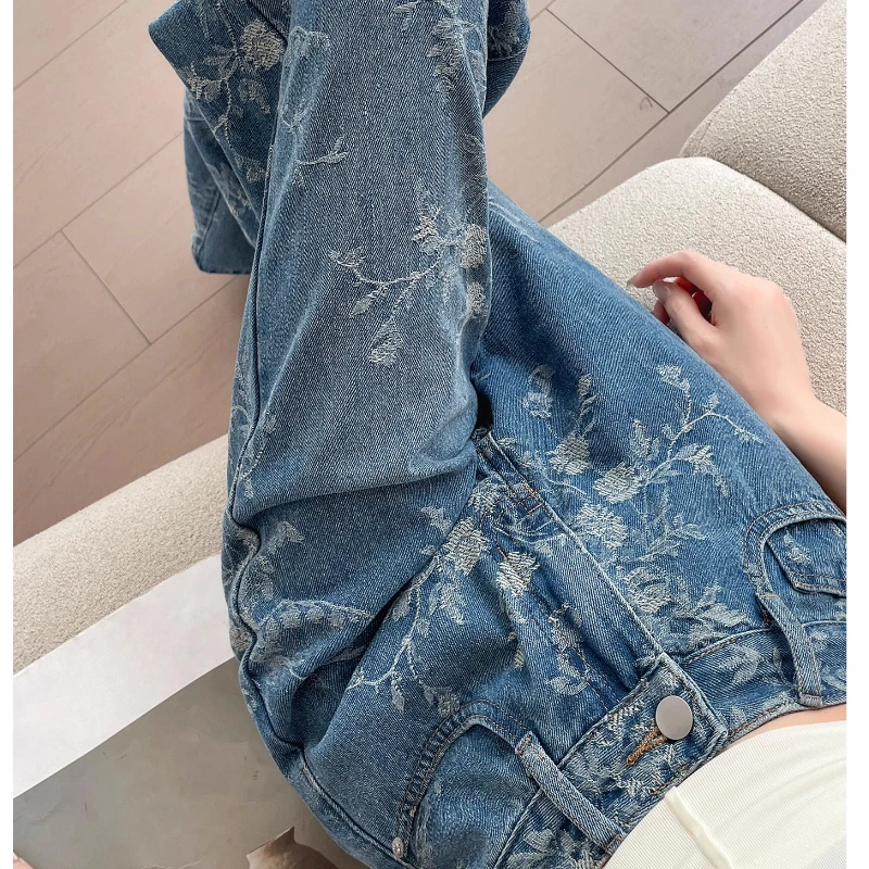 

2025 женские широкие брюки с высокой талией, синие джинсовые брюки Dobby с цветочным принтом, жаккардовые джинсы с цветочным принтом, брюки для женской одежды