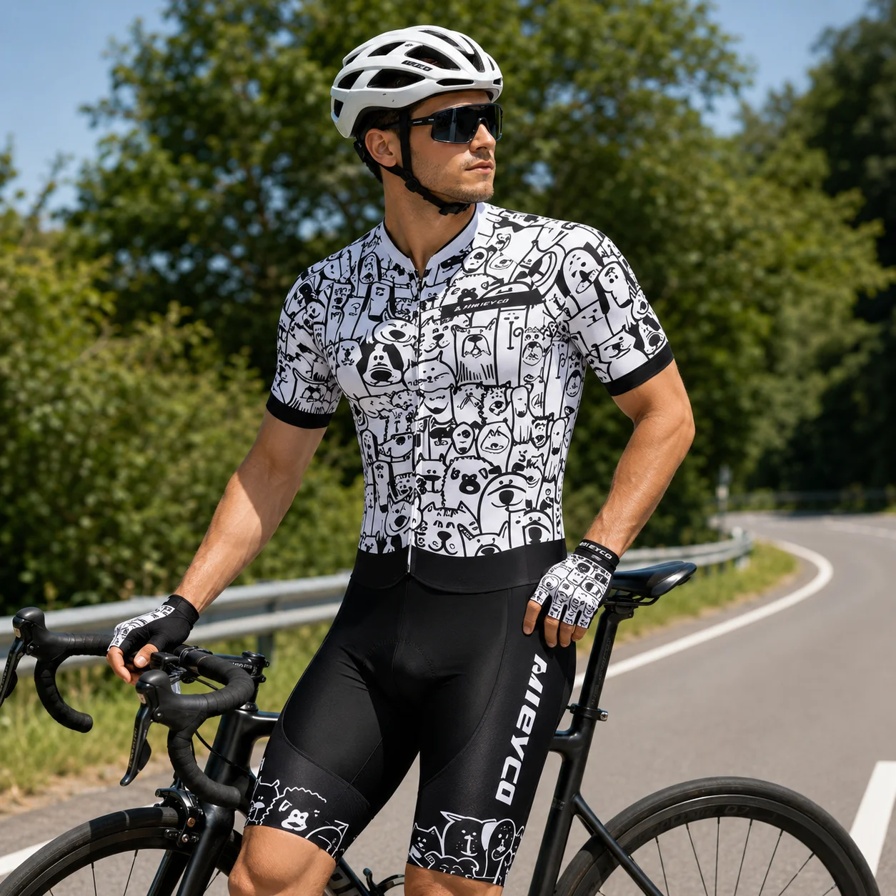 Herren-Triathlon-Skinsuit mit Welpenmuster, Kurzarm, Schnelltrocknend, Einteiliger Tri-Anzug für Schwimmen, Radfahren, Laufen und Rennen