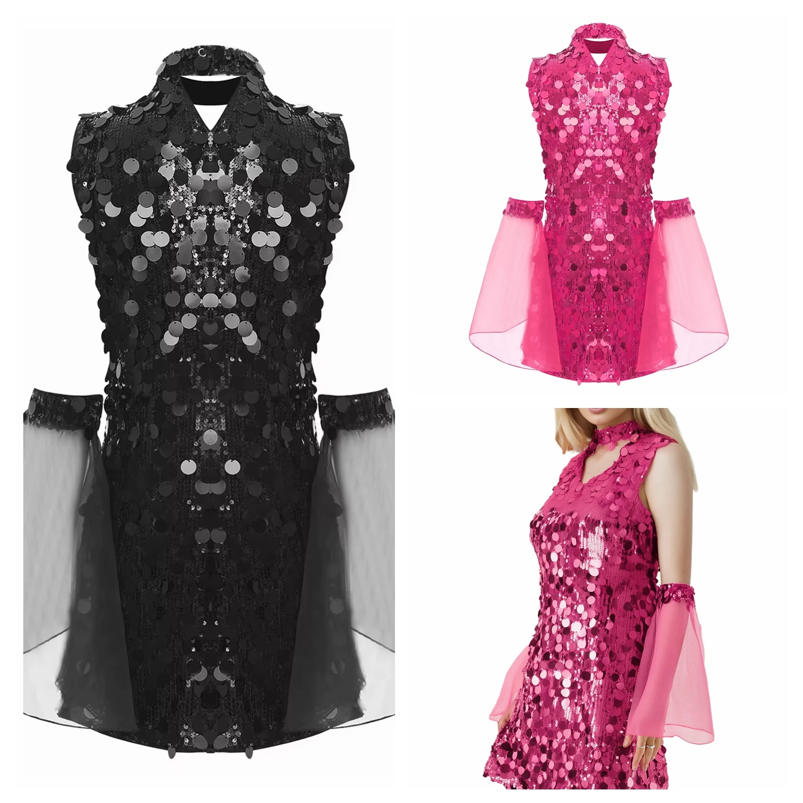 

Women Sequined Mini Prom Dress 80s 70s Disco Costume for Music Festival Outfits Rock Party Wear Femme Mini Dress Hippie Costume