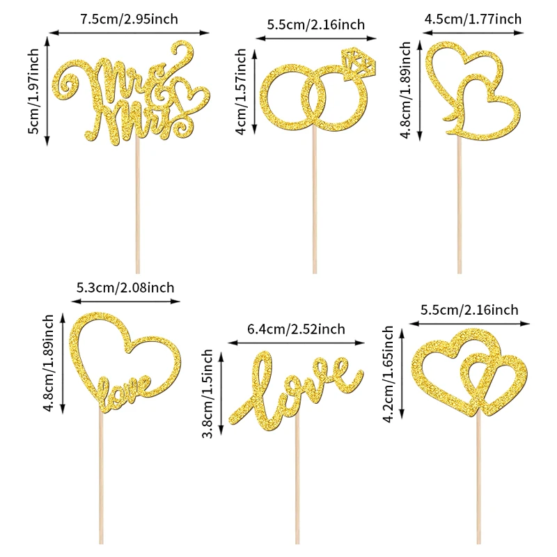 YOMDID 24 Stück Hochzeits-Cupcake-Topper, glitzernde Mr. & Mrs. Kuchenaufsätze, Doppelherzen, Liebesherzringe, Kuchenaufsätze, Hochzeitsdekorationen – Detail 4