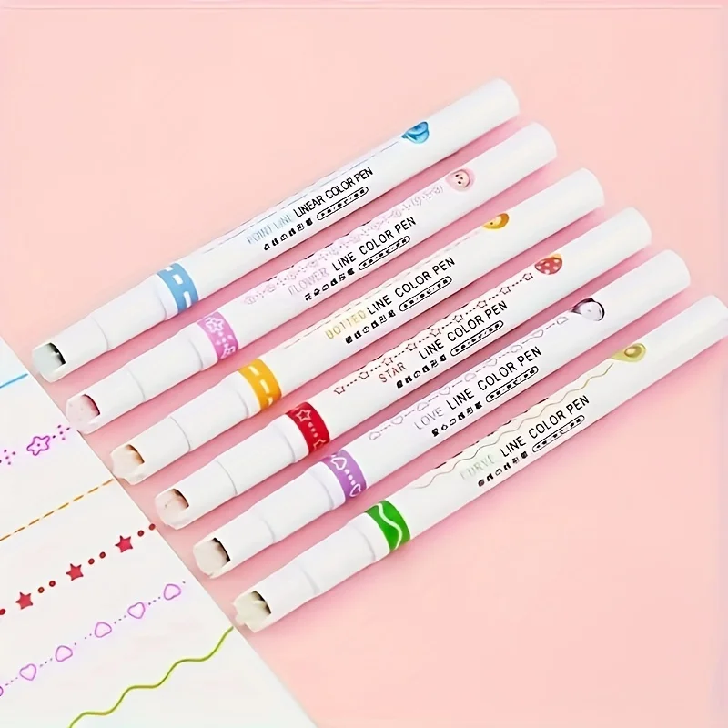 6Pcs/Set Flower Line Shape Highlighter Pen Roller Tip Curve Liner Marker Kawaii Korean Stationery School Office Supplies Gifts image 5