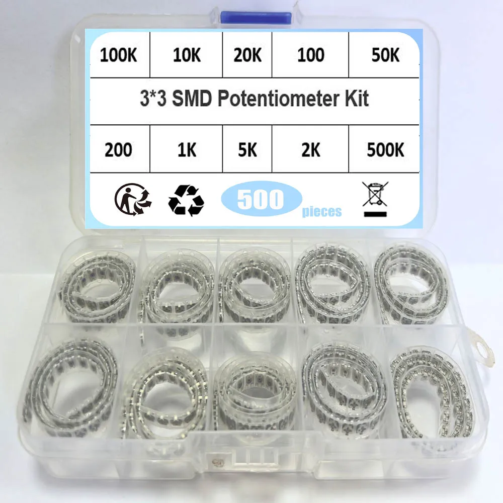 500PCS 3*3 Trimpot Trimmer Potentiometer Kit Variable Resistor 100R-500K 3X3 SMD Resistance 100 ohm-100K Ohm