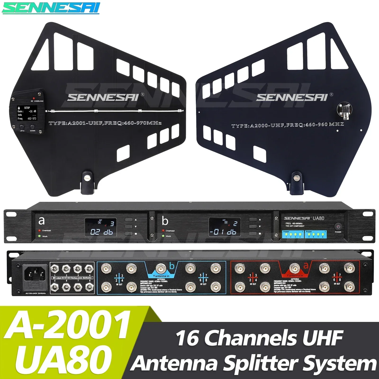 

UA80 UHF Antenna Distributor System 460-970MHz RF Signal Booster Directional BNC-BNC Coaxial Cables 16 Channels For Wireless Mic