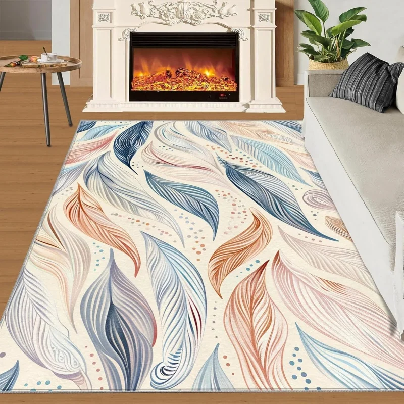 Bohemian Pastel Feather Area Rug Blue Pink and Orange Abstract Leaf Pattern Carpet Non-Slip Floor Mat for Living Room Bedroom