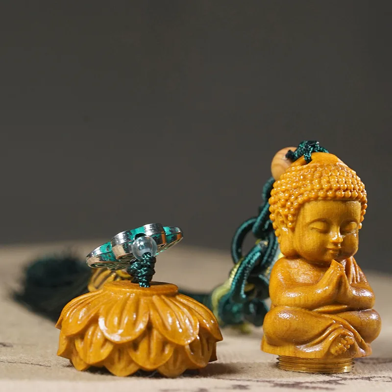 Golden Carved Q-Version Baby Buddha Figurine Lotus Scented Barbie Sandalwood Diffuser Bag Pendant DIY Gift