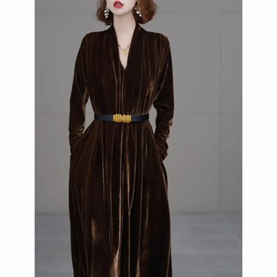 New High End Elegant Fashion Coffee Velvet Dress Women Long Sleeve Casual Loose Pocket Maxi Dresses with Belt Vestidos Oversized