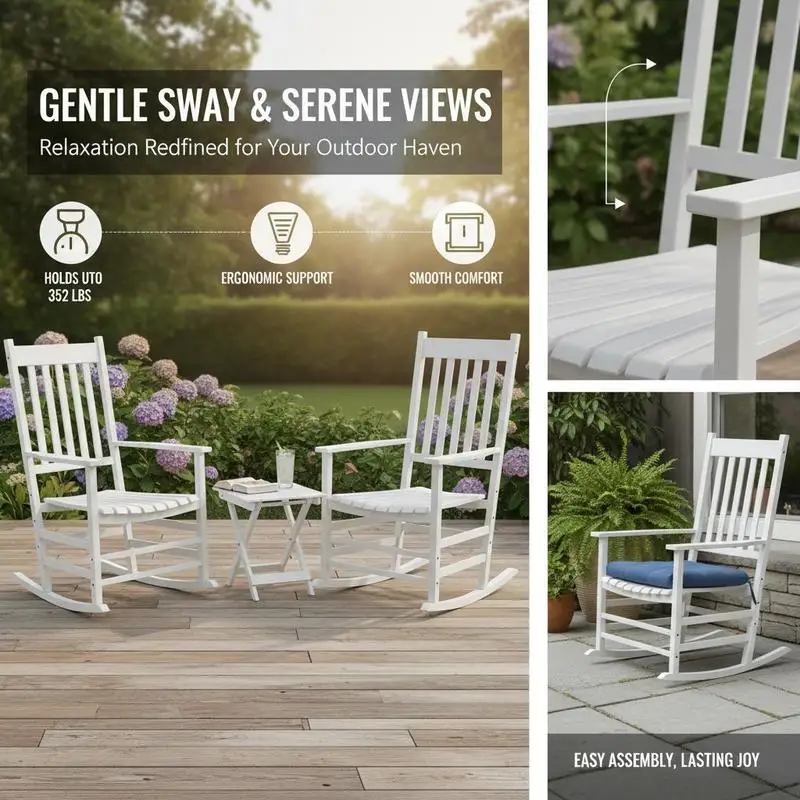 Outdoor Rocking Chair Set of 2 with Side Table, Patio Wooden Rocking Chair with Smooth Armrests, High Back for Garden, Balcony, Porch, Supports Up to 352 lbs. , White