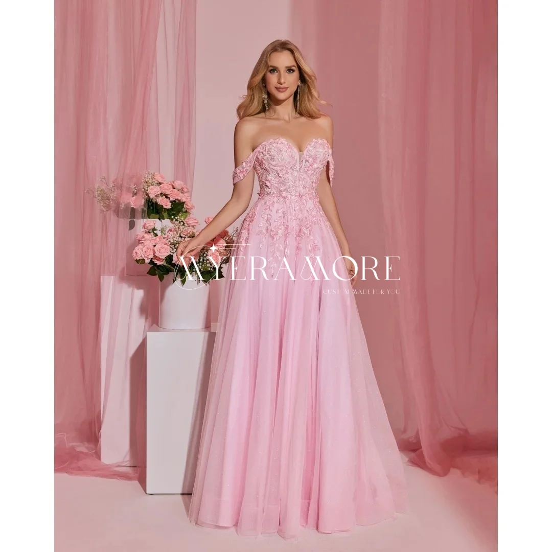 Pink Flowers Embroidery Princess Formal Evening Dresses Off The Shoulder Pleat Lace Glitter Tulle Wedding Guest Dress Customized