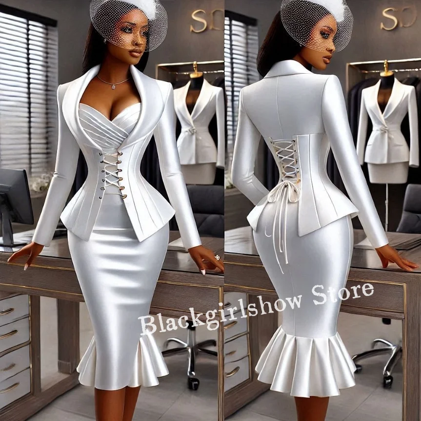 Mode Hochzeit Brautkleider Weiß Satin Langarm Jacke Zweiteilige afrikanische Mutter der Braut Partykleider Maßgeschneidert