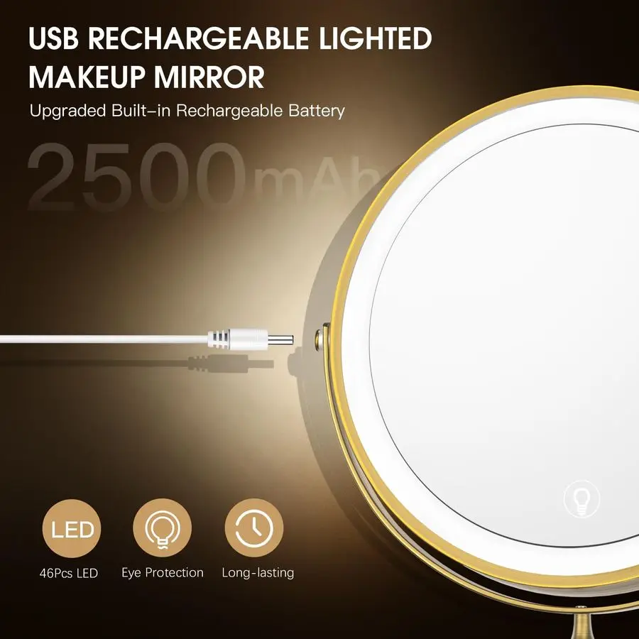 กระจกแต่งหน้าแบบติดผนังพร้อมไฟ, กระจกขยายสองด้านแบบชาร์จไฟได้ 8 ดวง พร้อมไฟ LED 3 สี ขยาย 1 เท่า และ 10 เท่า