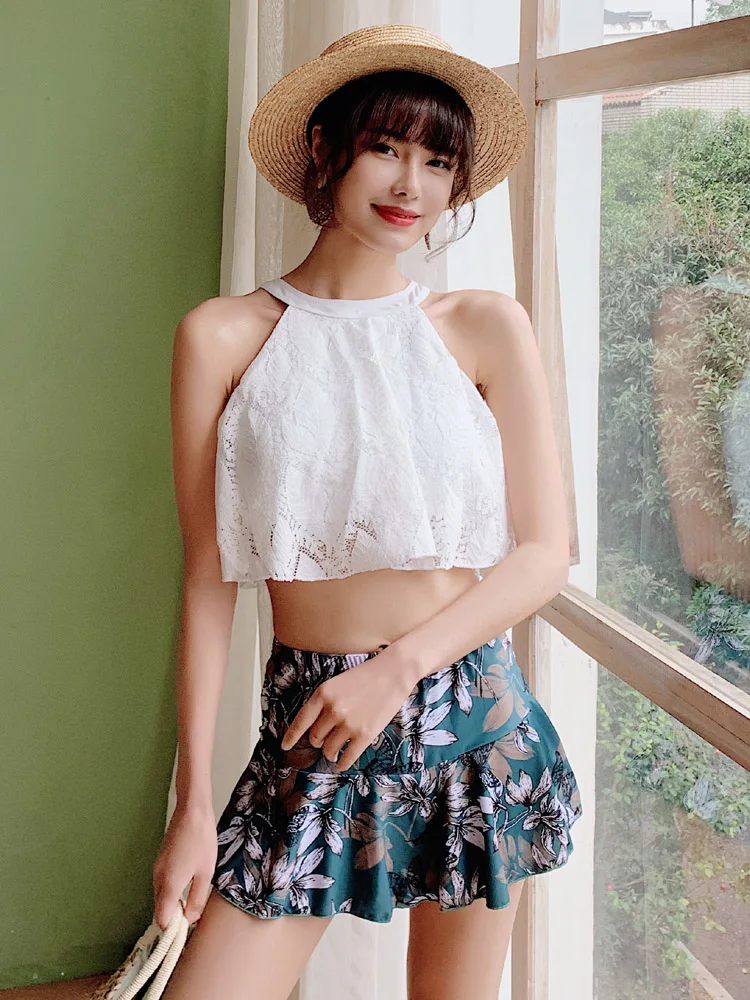 

Nylon Lace Bikini Top And ort Skirt Swimsuit Women's Student Sle White een Flower Print Separate Swimwear with Bot