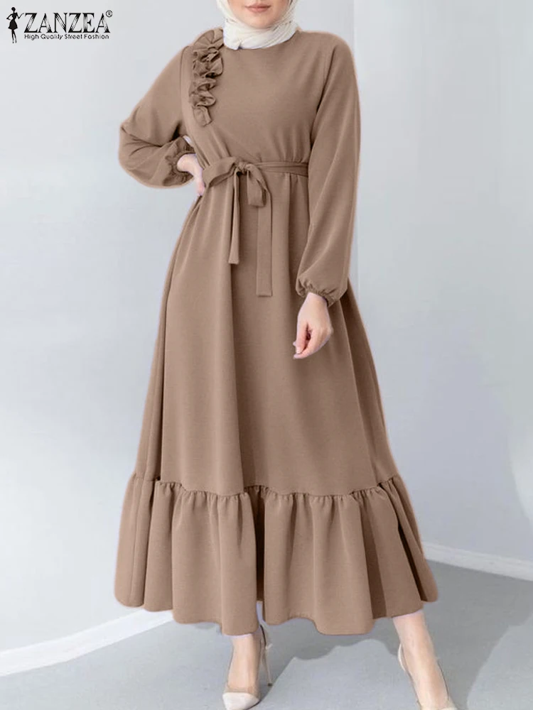 2024 ZANZEA Muslim Long Dress Abaya Women's Autumn Ruffled Hem Sundress Casual Long Sleeve Islamic Vestidos Kaftan Belted Robe