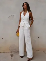 HH Pant Sets For Women Fashion Backless Button Halter Crop Vest Top Straight Pants Trousers Elegant White Suit Streetwear