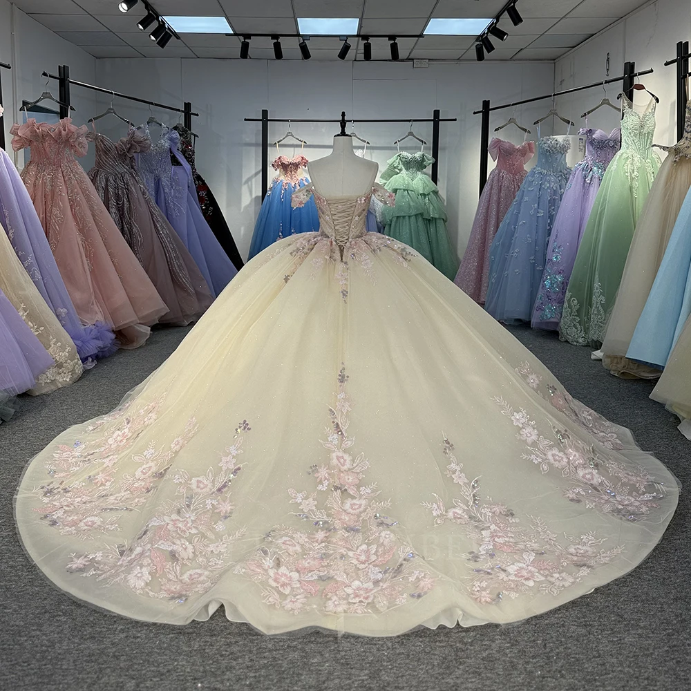 Charming Flower Appliques 15 Years Ball Gown Off the Shoulder Sequin Customized Plus Size Floor-Length vestidos de 15 quinceañer