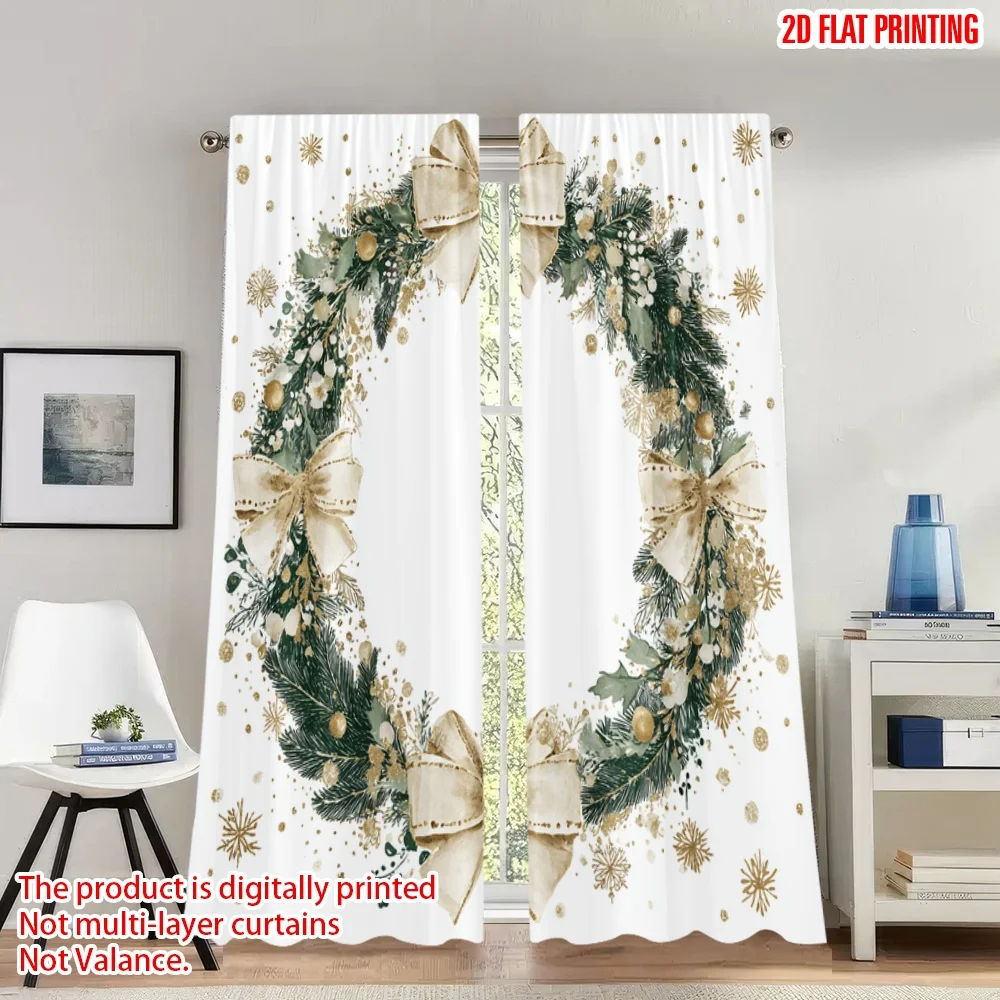 

2pcs 2D flat printing Christmas Party Curtains Christmas Wreath Greenery Golden Bows Digital Printed Polyester Drapes Festive