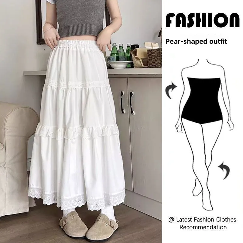 

White High Waist A-Line Cake Skirt Lace f-length Spring Summer Slimming Midi Umbrella Skirt Korean Sle Commute Casual