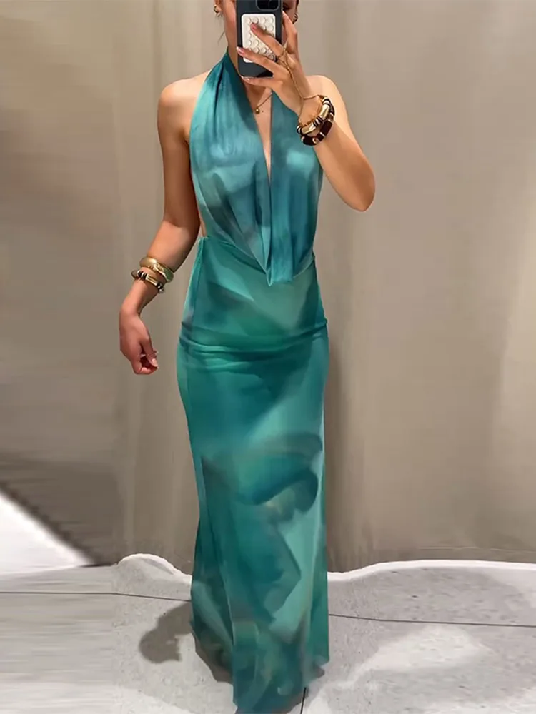 Elegant Women's Backless Maxi Dress With Scarf Spaghetti Strap Deep-V Neck  Gradient Print Gown Summer New Party Evening Outfit - AliExpress 200000345