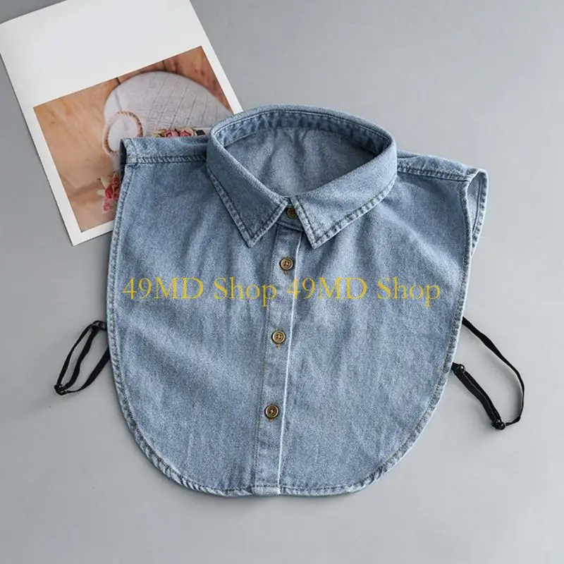 49MD Women Vintage Washed Faux Collar Detachable Dickey Button Lapel Half Shirt