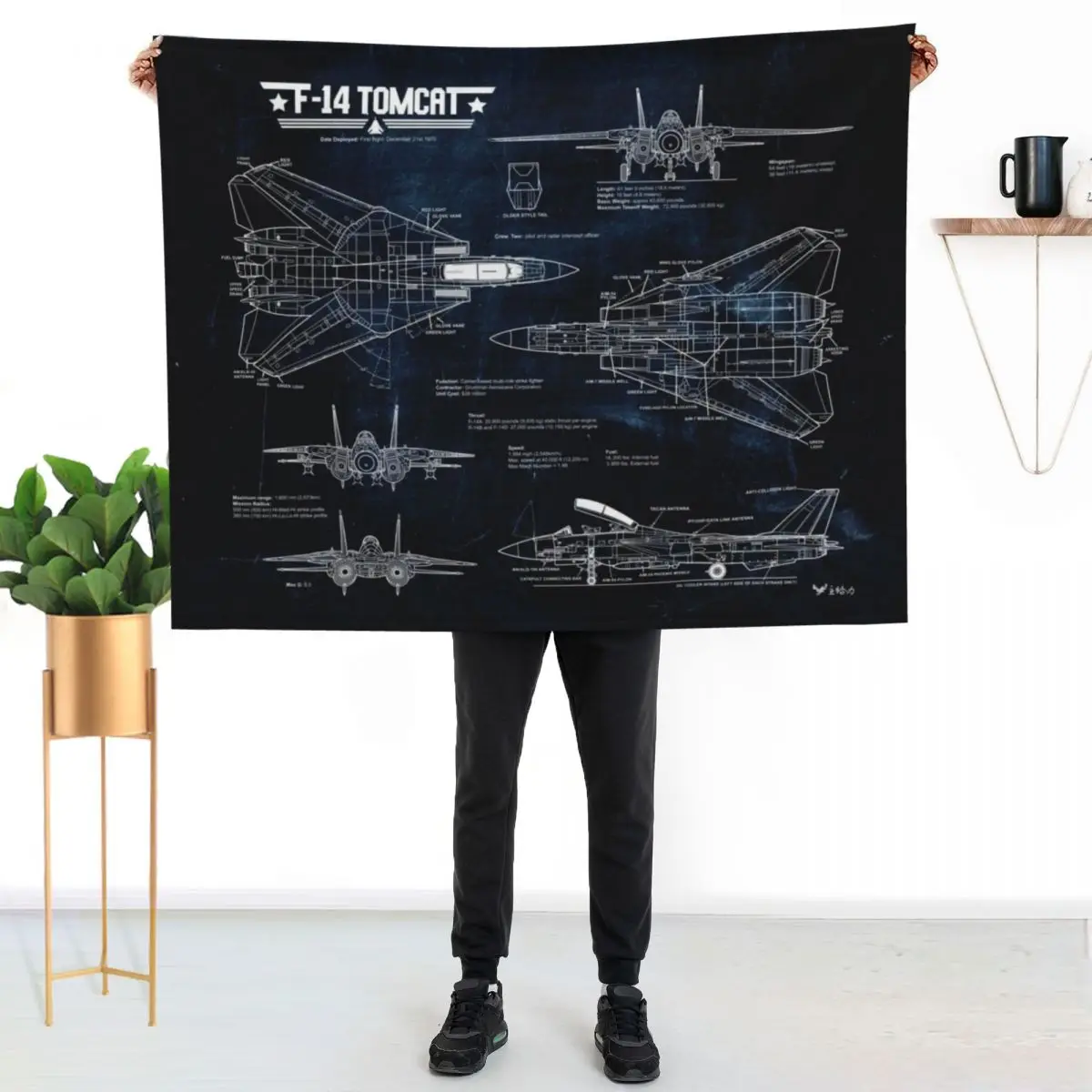 Tomcat F-14 Blueprint Tapestry USAF Navy Throw Blanket Warm Comfortable Blanket Gift for Parents Friends