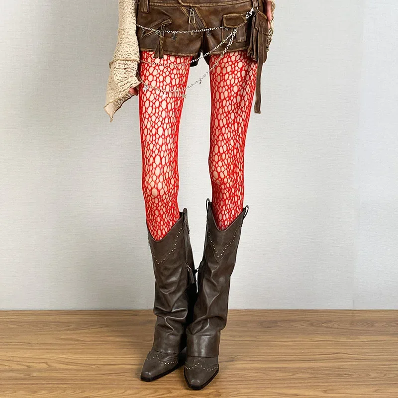 Women Sexy Tights Medium Grid High Waist Silk Stockings Punk Gothic Irregular Mesh Fishnet Hollow Out Pantyhose Subculture Black