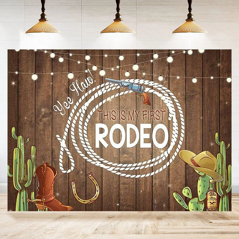 Sfondo fotografico da cowboy occidentale Questo è il mio primo banner per feste di compleanno rustico in legno di cactus messicano Rodeo