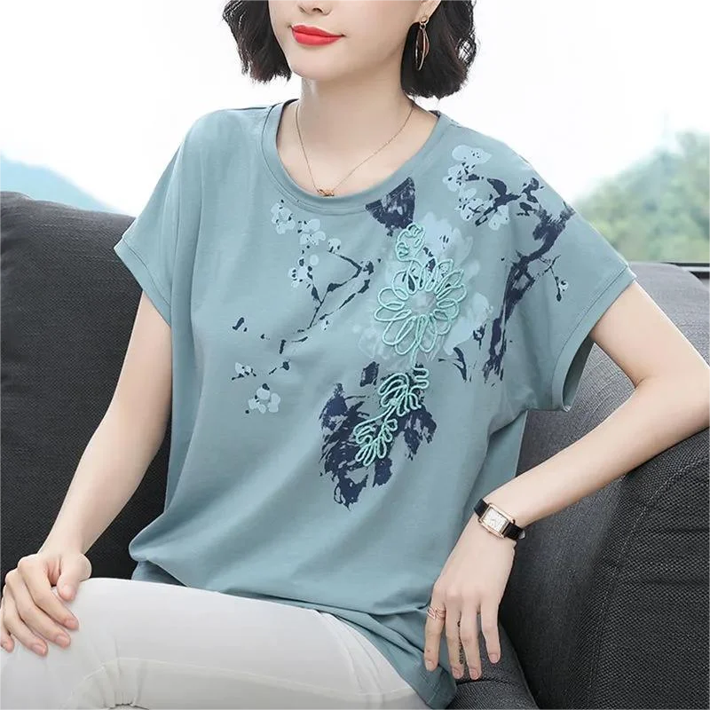 

2023 Women's Clothing New Elegant Round Neck Loose Simplicity Embroidery Short Sleeve Pullovers Solid Color Comfortable T-Shirts