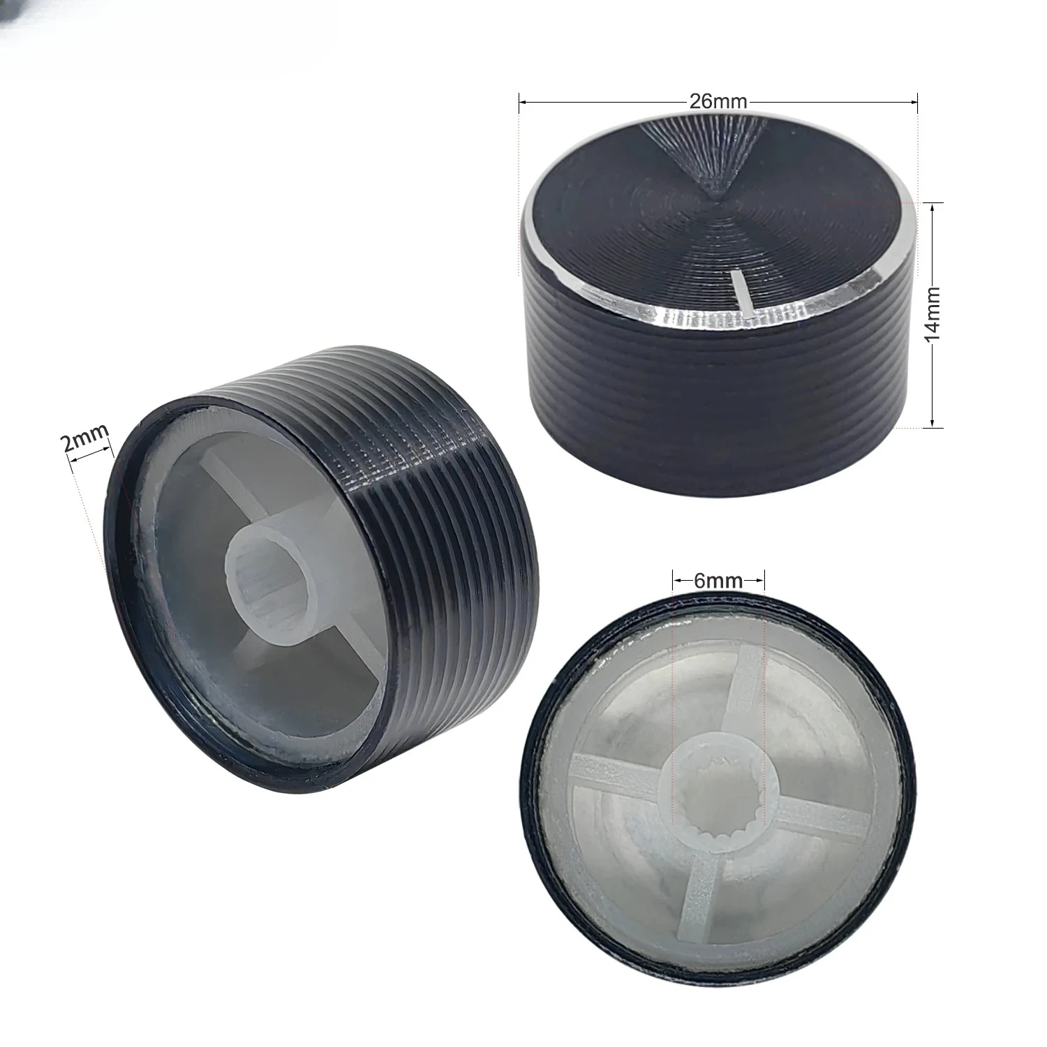 Botão de alumínio para volume de guitarra, 2 peças, tom superior 6mm, para potenciômetro, controle de volume, botões rotativos, diâmetro 13mm 15mm 26mm