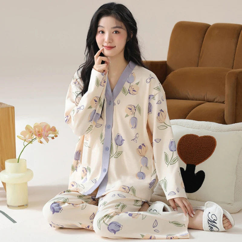 Y2k Women\'s 100% POLYESTER Pajamas with Cartoon Print Korean Fresh Ins Style Harajuku Lounges 2pcs 2024 New Spring/fall Homewear