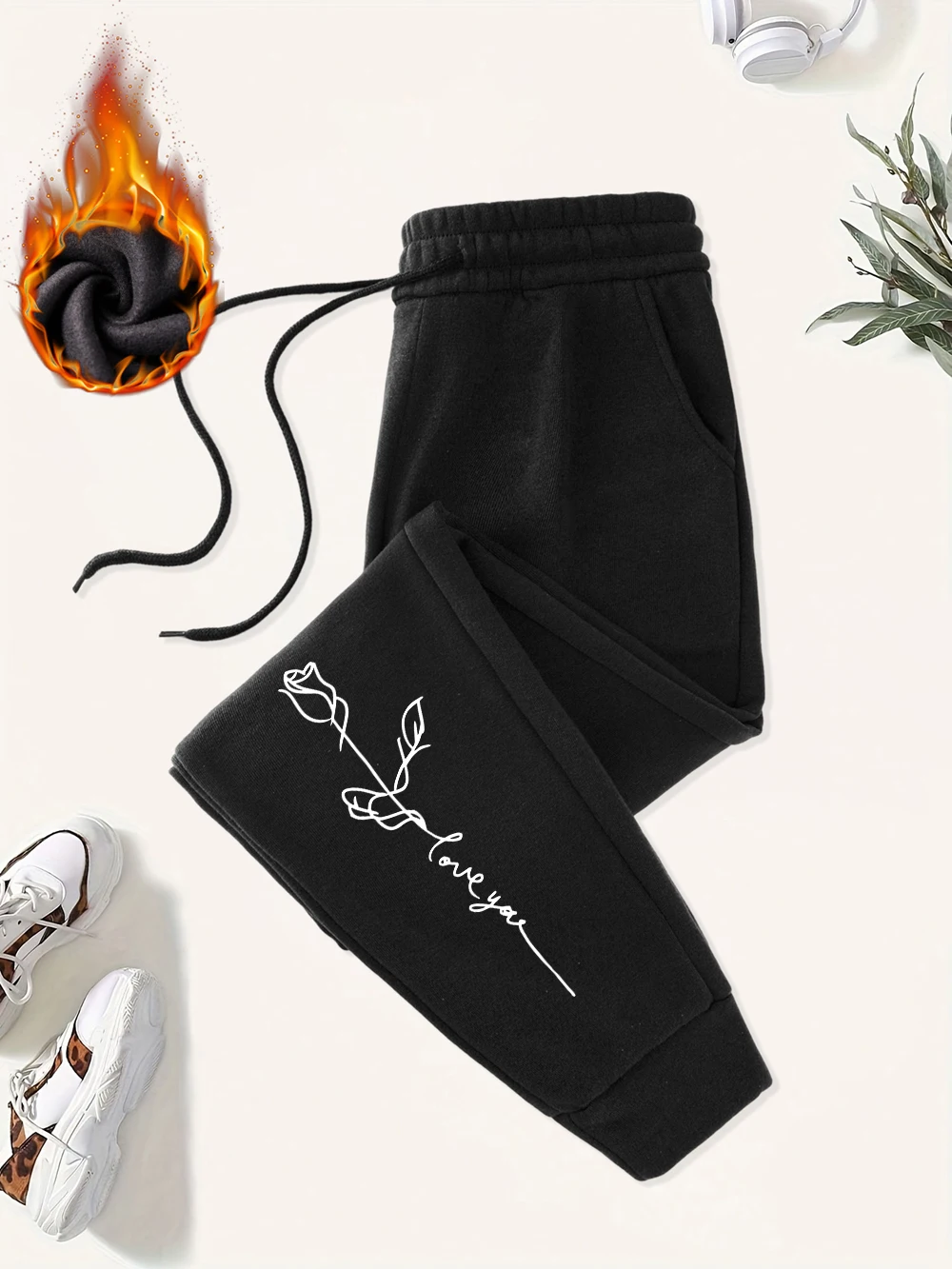 Pantalones de chándal con estampado de Rose Love You, pantalones deportivos con bolsillo para mujer, pantalones cómodos con cintura elástica que combinan con todo, ropa de moda para mujer