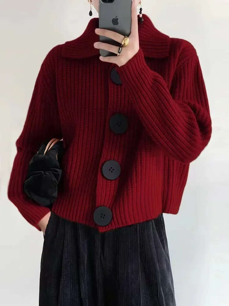 2024 autunno e inverno nuovo a maniche lunghe sciolto stile coreano alla moda grande bottone risvolto Cardigan lavorato a maglia maglione cappotto da donna